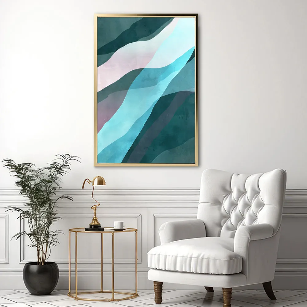 Canvas Wall Art Stretched Over Wooden Frame with Floating Frame and Blue Waves Abstract Painting CV4128