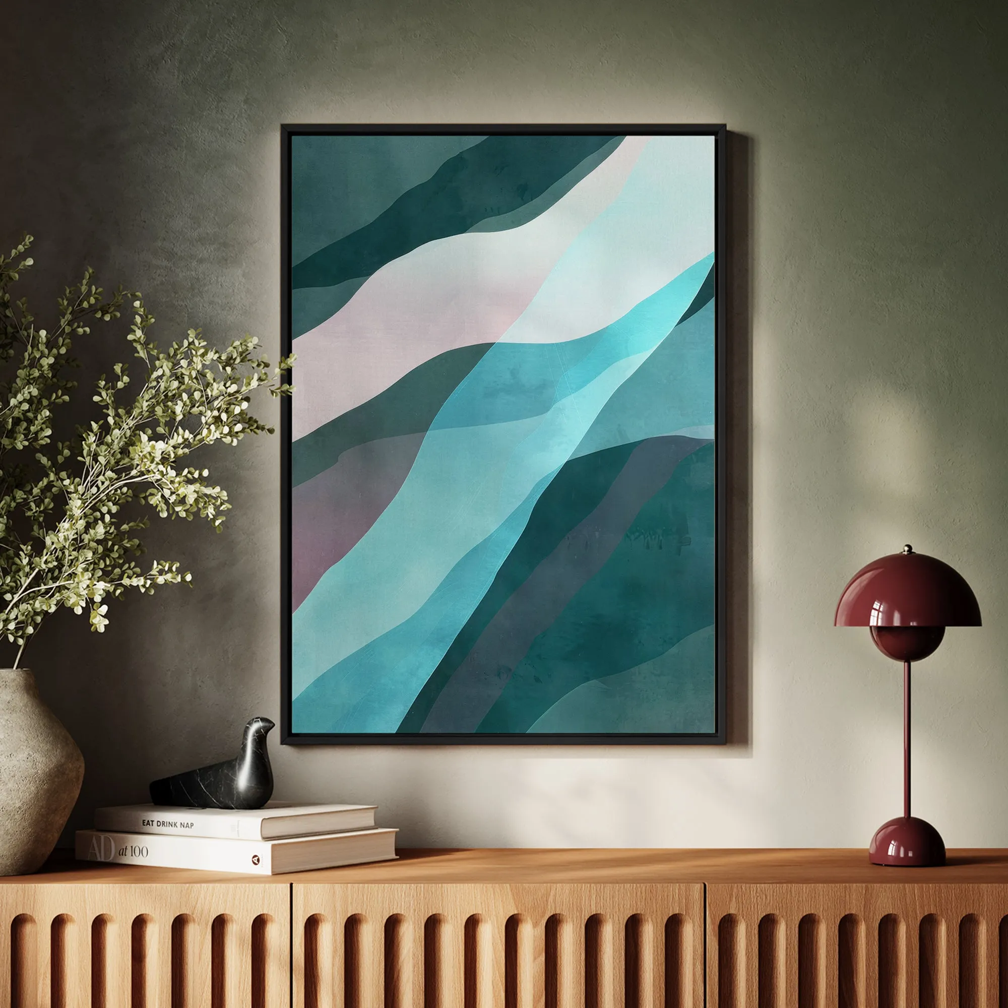 Canvas Wall Art Stretched Over Wooden Frame with Floating Frame and Blue Waves Abstract Painting CV4128
