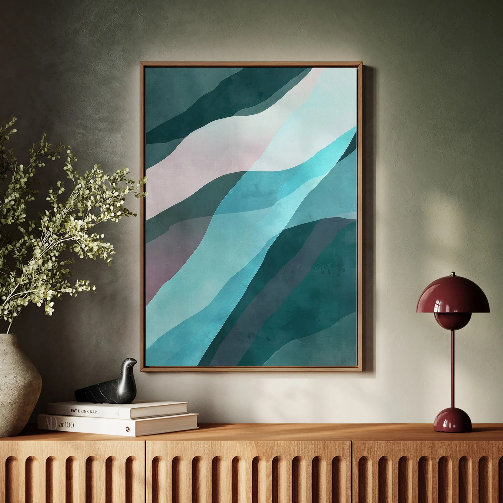 Canvas Wall Art Stretched Over Wooden Frame with Floating Frame and Blue Waves Abstract Painting CV4128