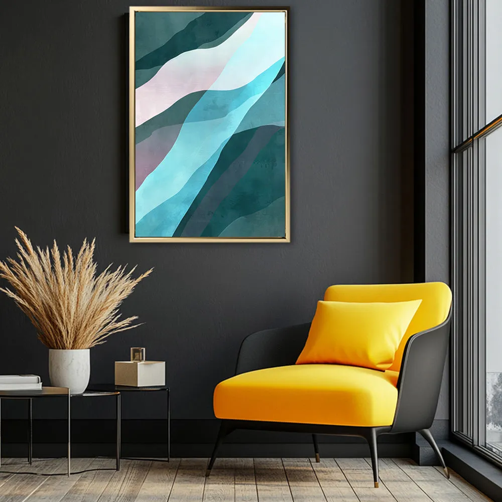 Canvas Wall Art Stretched Over Wooden Frame with Floating Frame and Blue Waves Abstract Painting CV4128