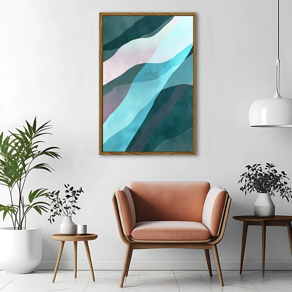 Canvas Wall Art Stretched Over Wooden Frame with Floating Frame and Blue Waves Abstract Painting CV4128