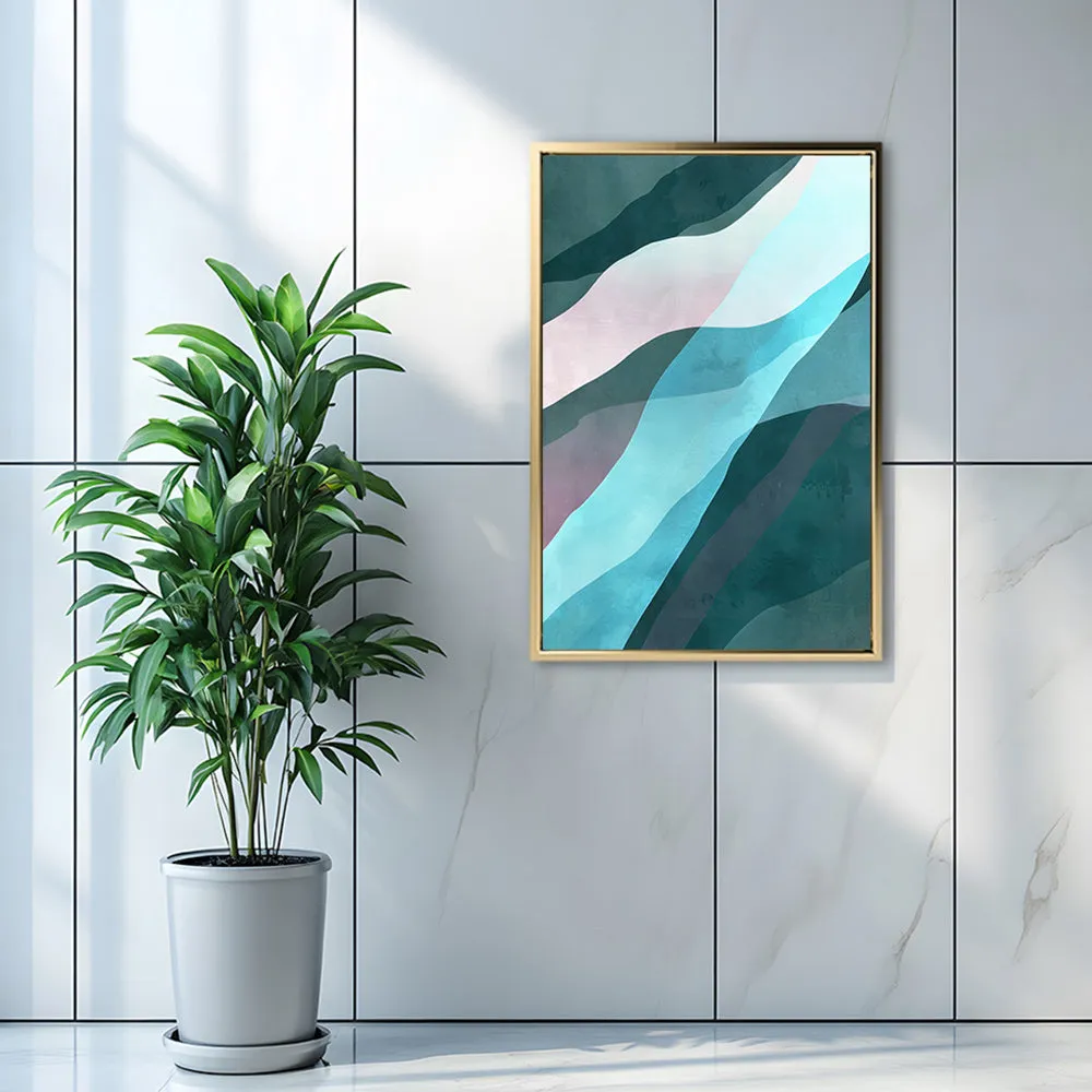 Canvas Wall Art Stretched Over Wooden Frame with Floating Frame and Blue Waves Abstract Painting CV4128