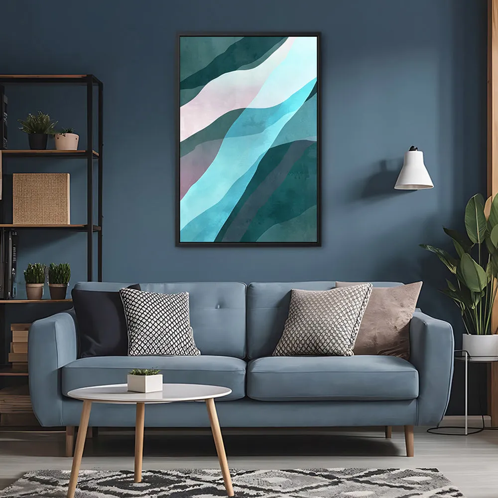 Canvas Wall Art Stretched Over Wooden Frame with Floating Frame and Blue Waves Abstract Painting CV4128