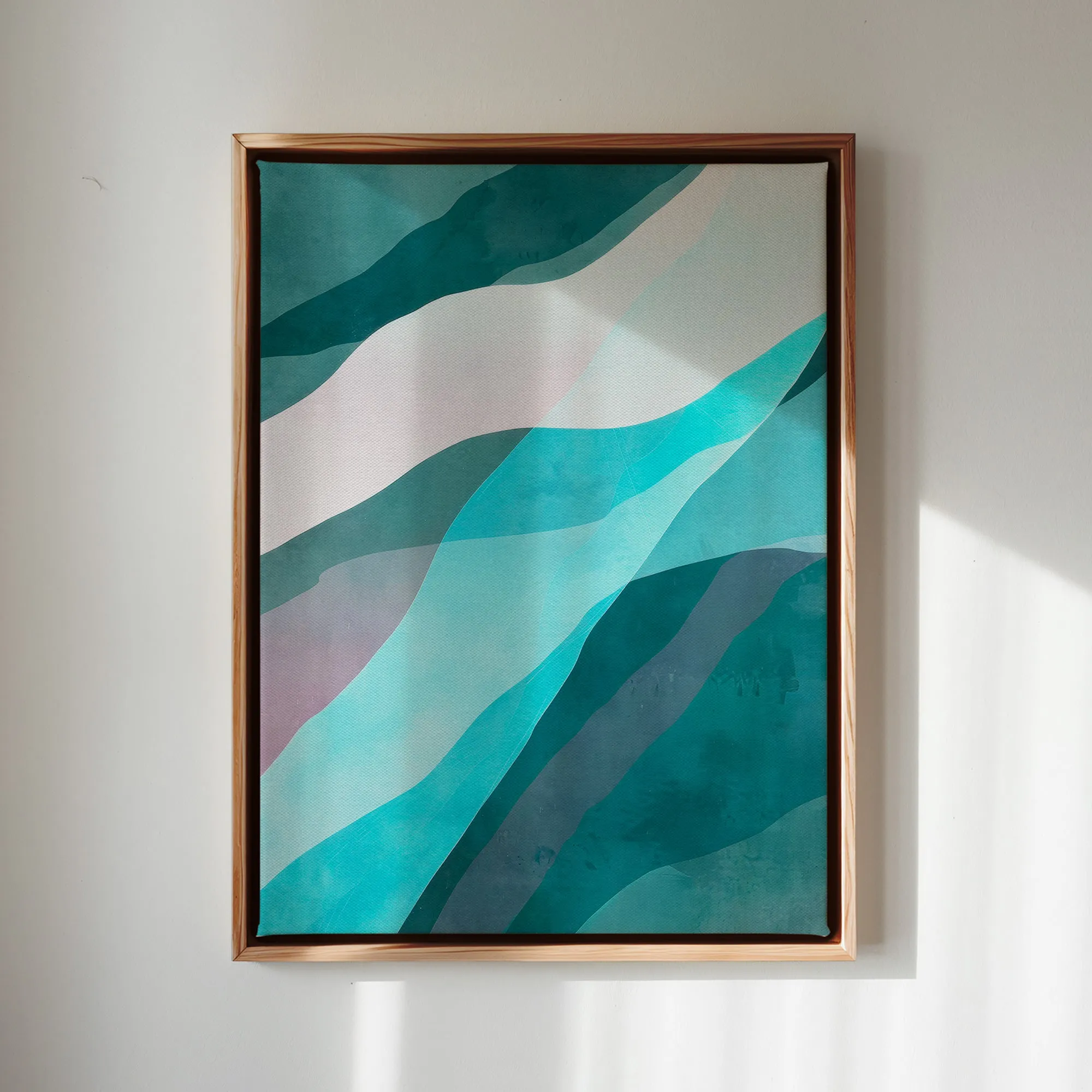 Canvas Wall Art Stretched Over Wooden Frame with Floating Frame and Blue Waves Abstract Painting CV4128
