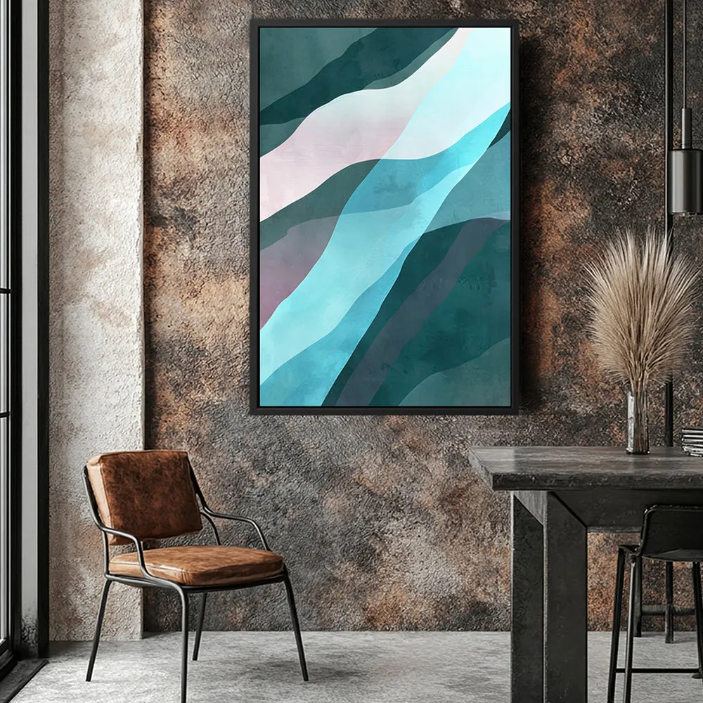 Canvas Wall Art Stretched Over Wooden Frame with Floating Frame and Blue Waves Abstract Painting CV4128