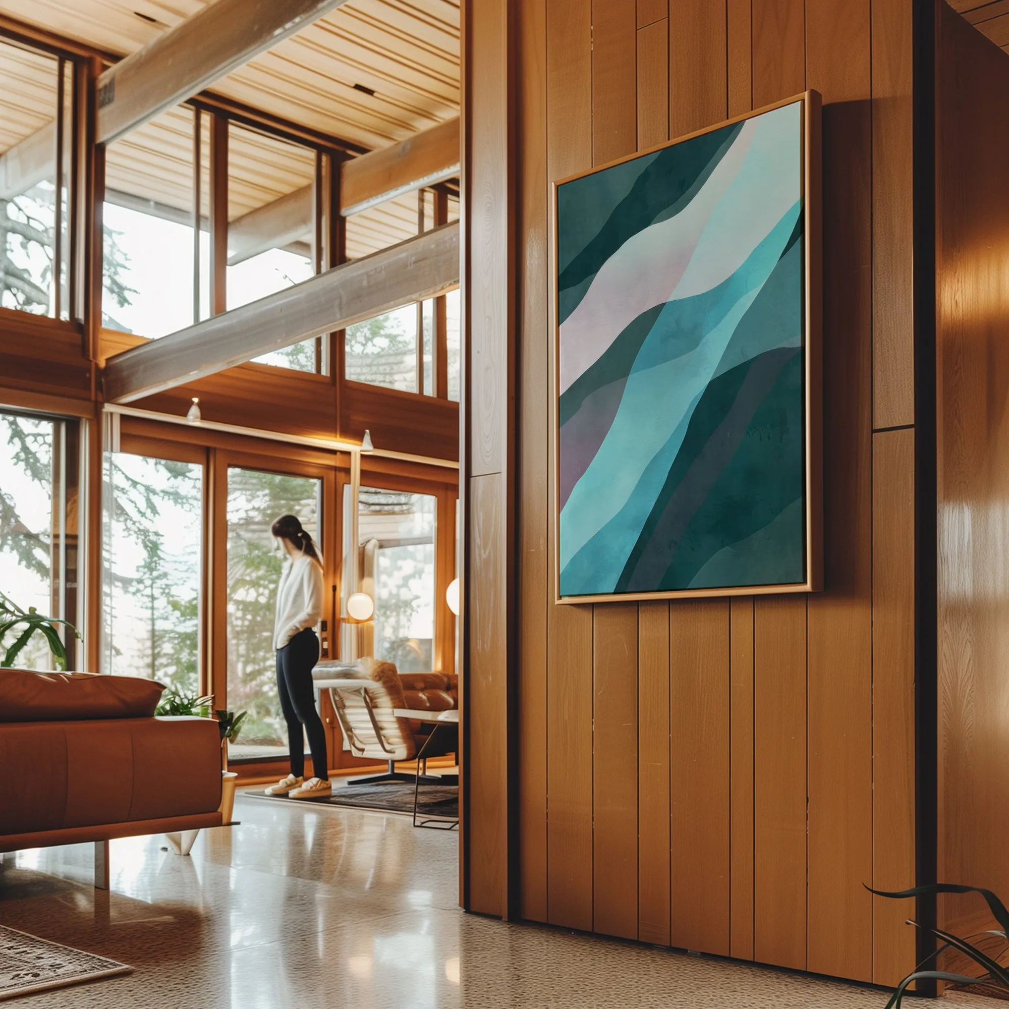 Canvas Wall Art Stretched Over Wooden Frame with Floating Frame and Blue Waves Abstract Painting CV4128