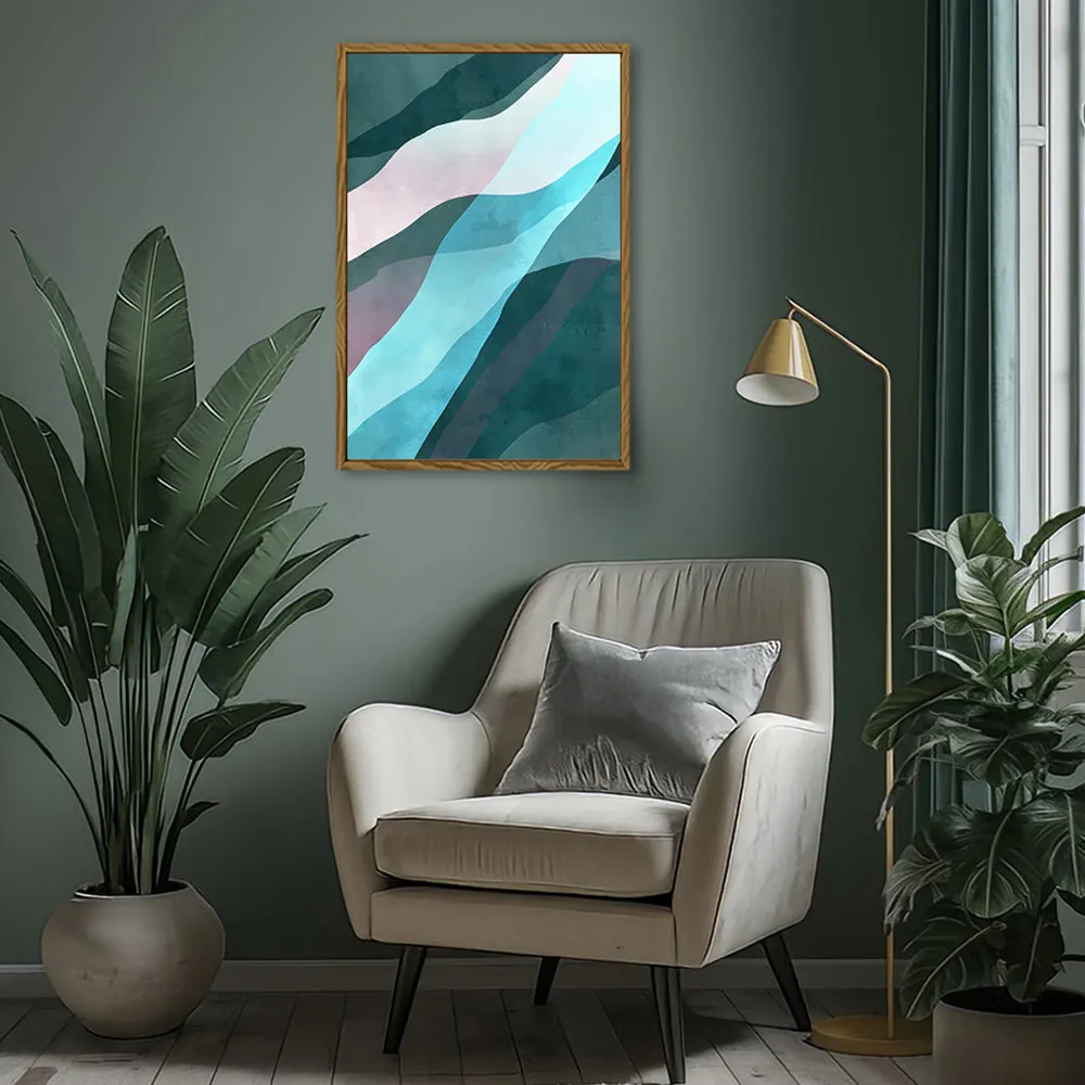 Canvas Wall Art Stretched Over Wooden Frame with Floating Frame and Blue Waves Abstract Painting CV4128