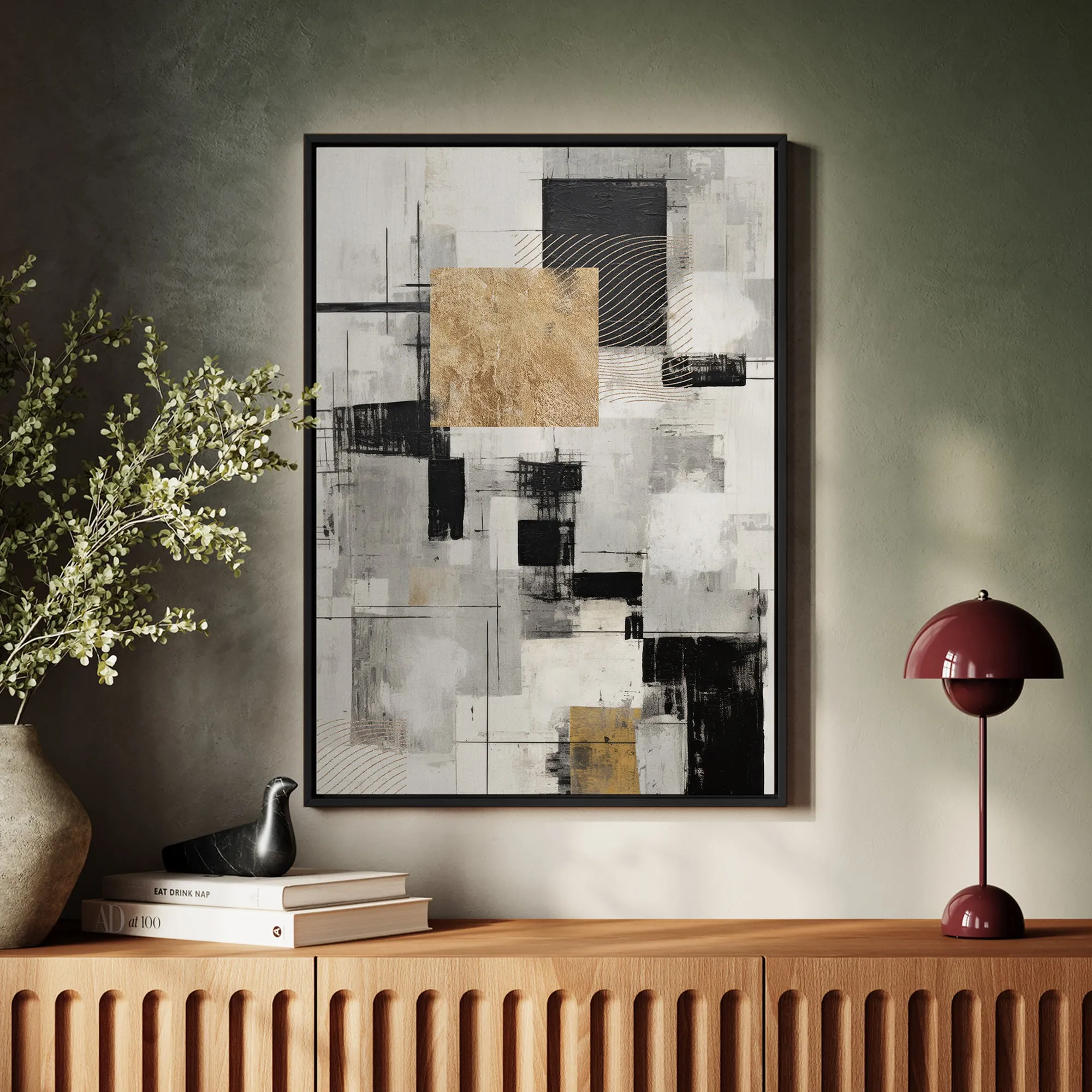 Canvas Wall Art Stretched Over Wooden Frame with Floating Frame and Gold Smoke Painting CV4170