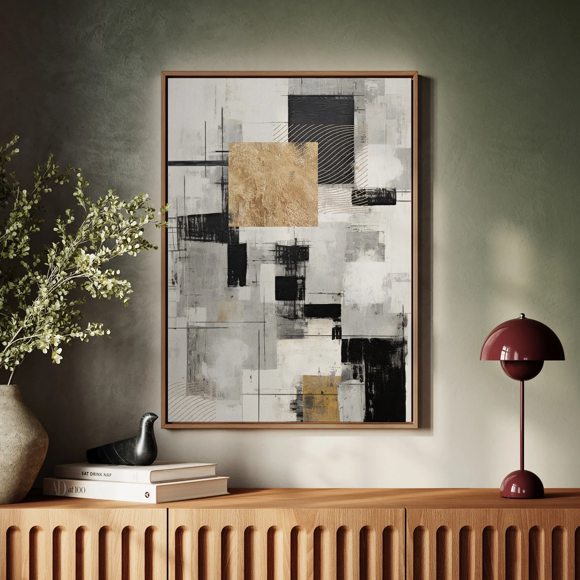 Canvas Wall Art Stretched Over Wooden Frame with Floating Frame and Gold Smoke Painting CV4170