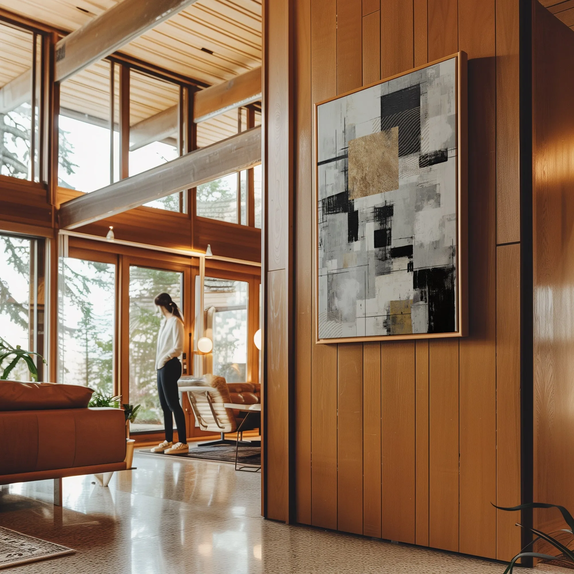 Canvas Wall Art Stretched Over Wooden Frame with Floating Frame and Gold Smoke Painting CV4170