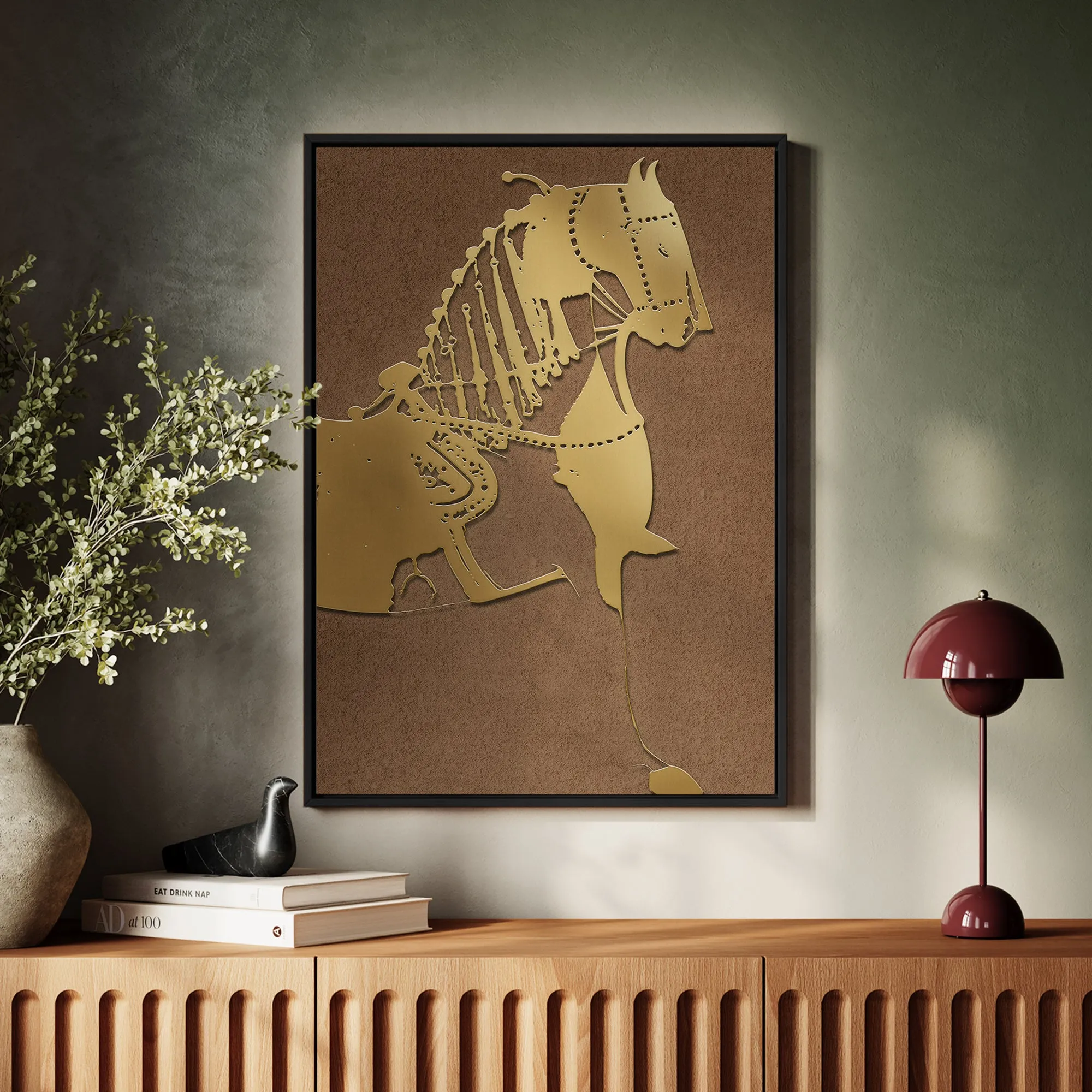 Canvas Wall Art Stretched Over Wooden Frame with Floating Frame and Golden Horse Painting CV4176
