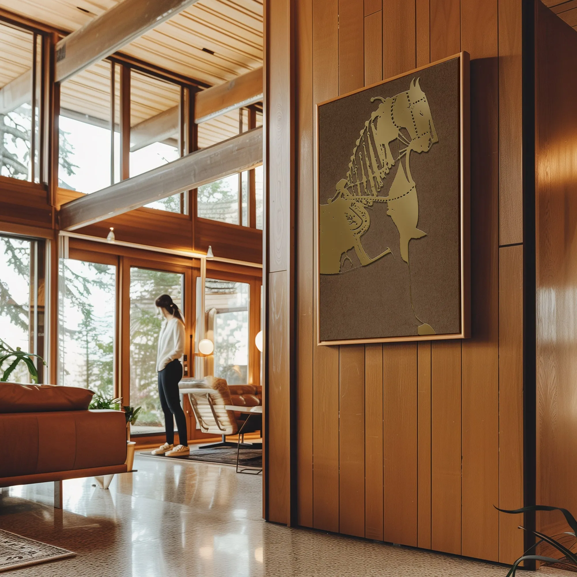 Canvas Wall Art Stretched Over Wooden Frame with Floating Frame and Golden Horse Painting CV4176