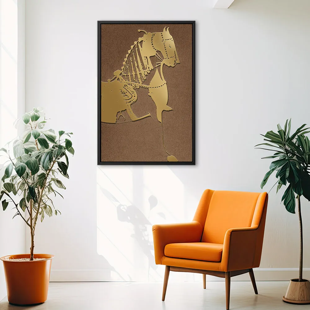 Canvas Wall Art Stretched Over Wooden Frame with Floating Frame and Golden Horse Painting CV4176