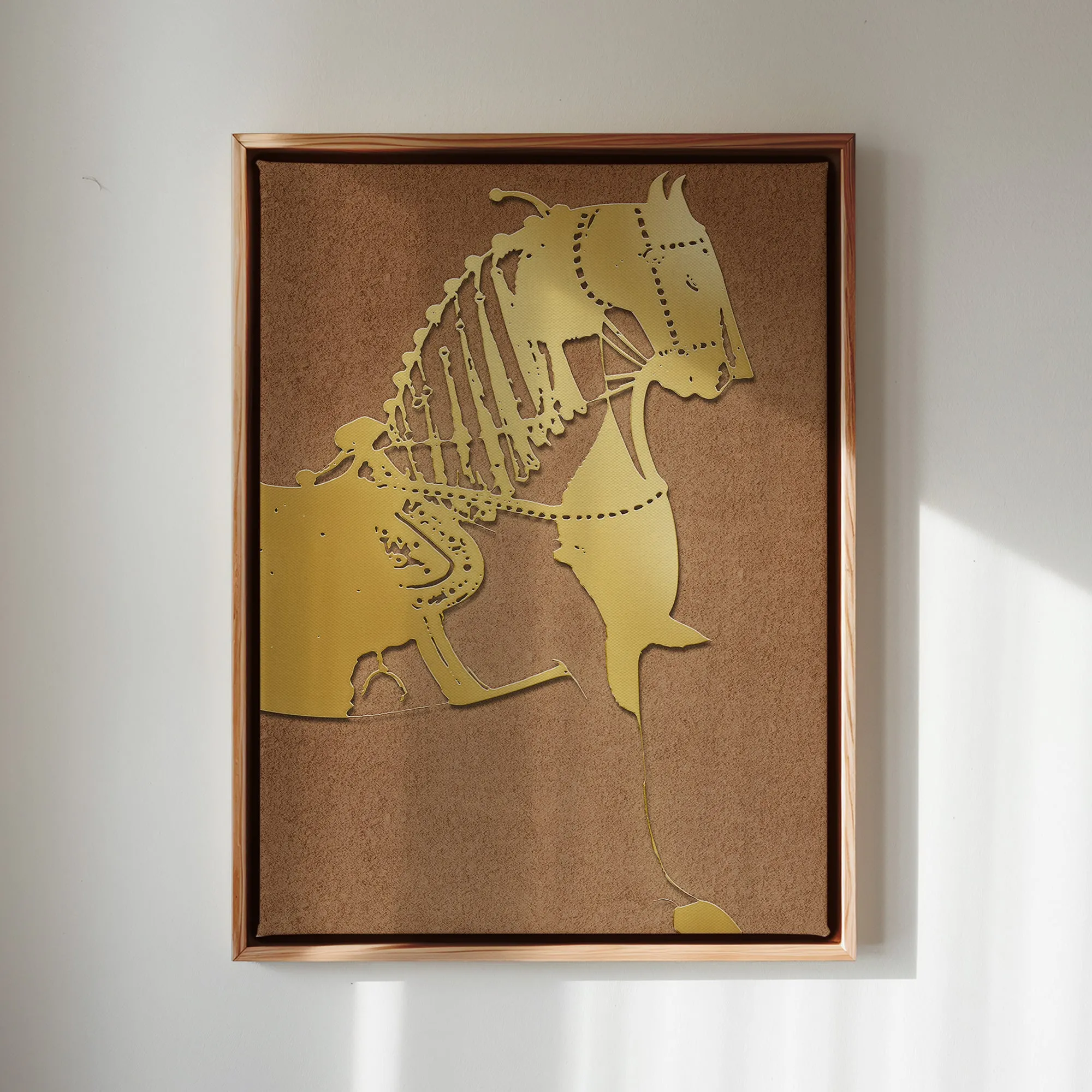 Canvas Wall Art Stretched Over Wooden Frame with Floating Frame and Golden Horse Painting CV4176