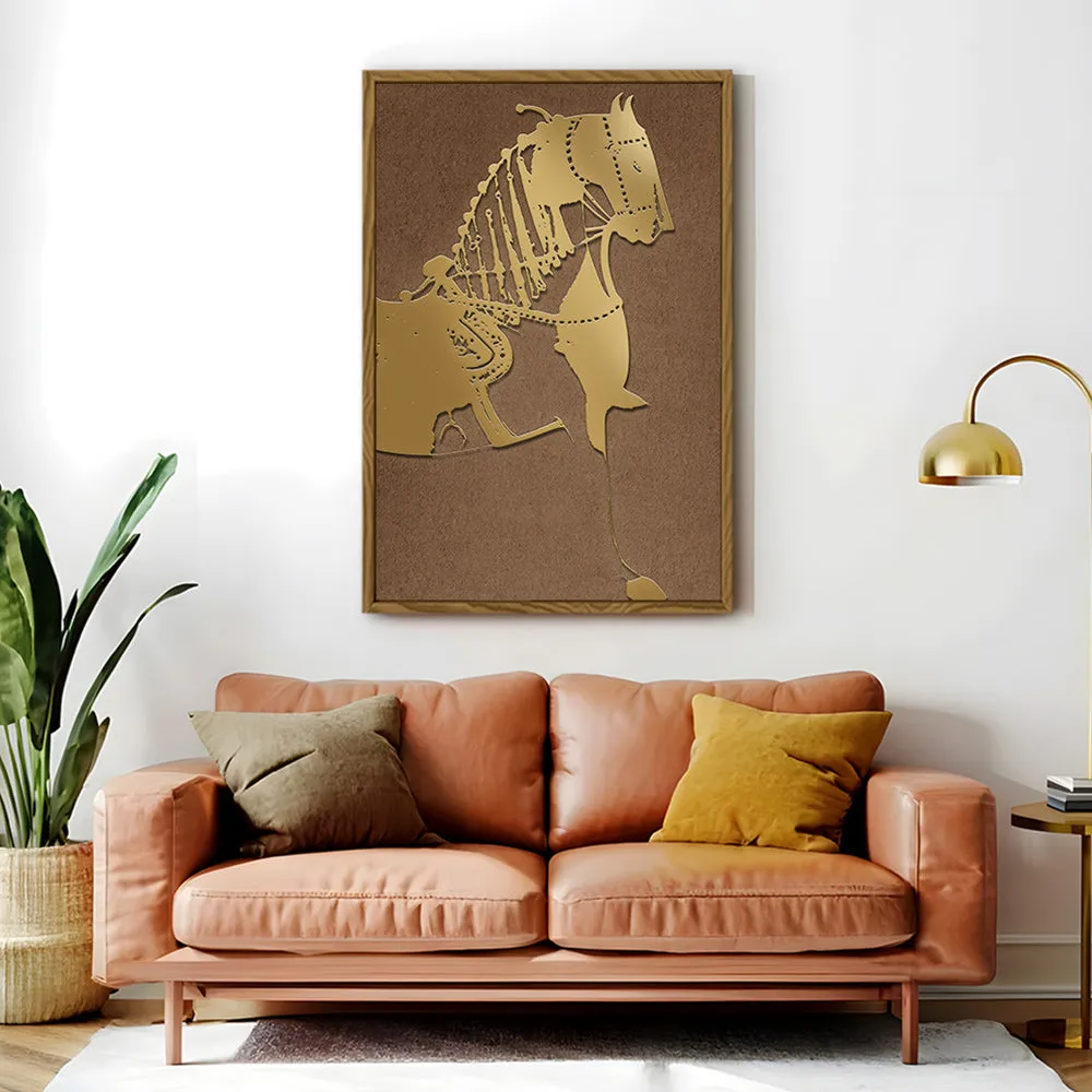 Canvas Wall Art Stretched Over Wooden Frame with Floating Frame and Golden Horse Painting CV4176