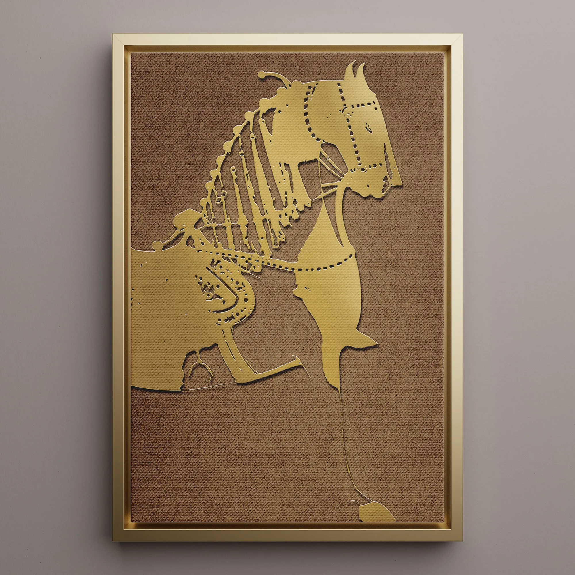 Canvas Wall Art Stretched Over Wooden Frame with Floating Frame and Golden Horse Painting CV4176