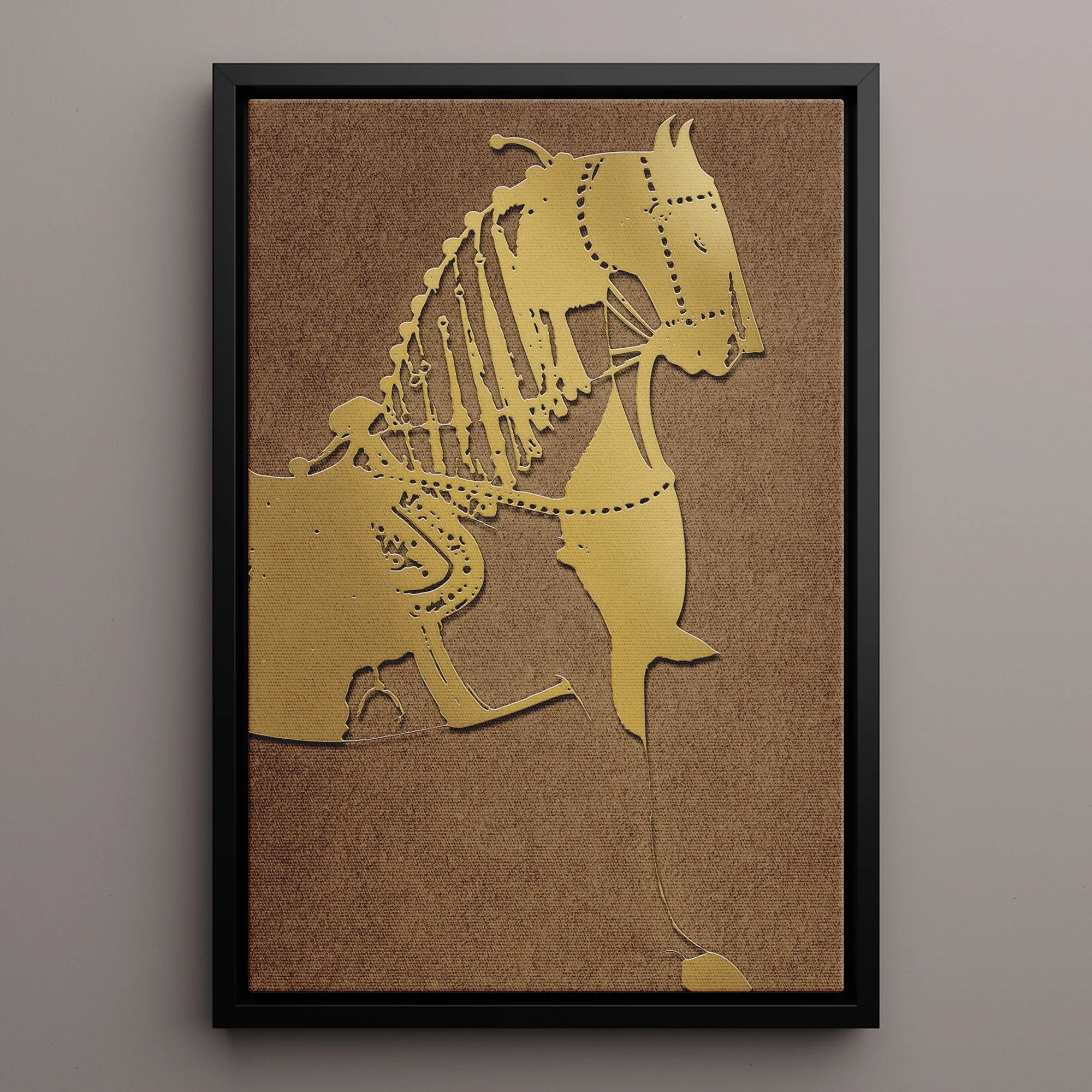 Canvas Wall Art Stretched Over Wooden Frame with Floating Frame and Golden Horse Painting CV4176