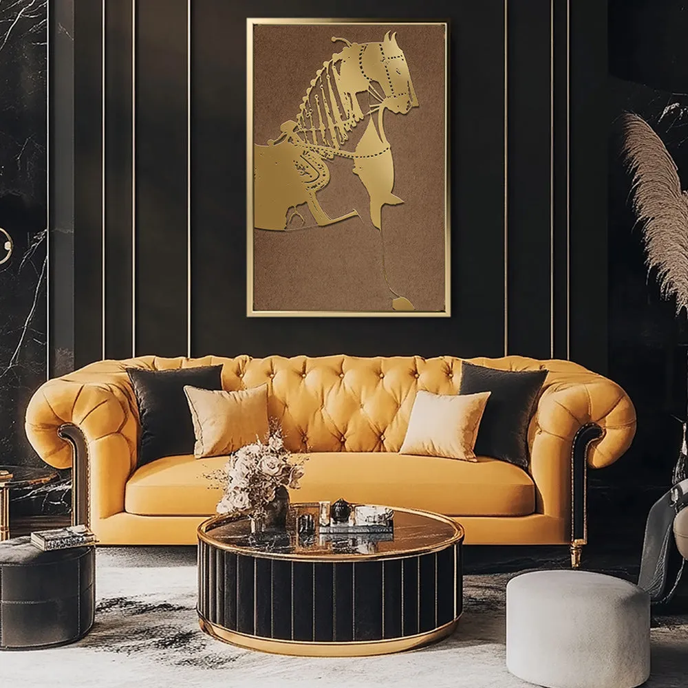 Canvas Wall Art Stretched Over Wooden Frame with Floating Frame and Golden Horse Painting CV4176