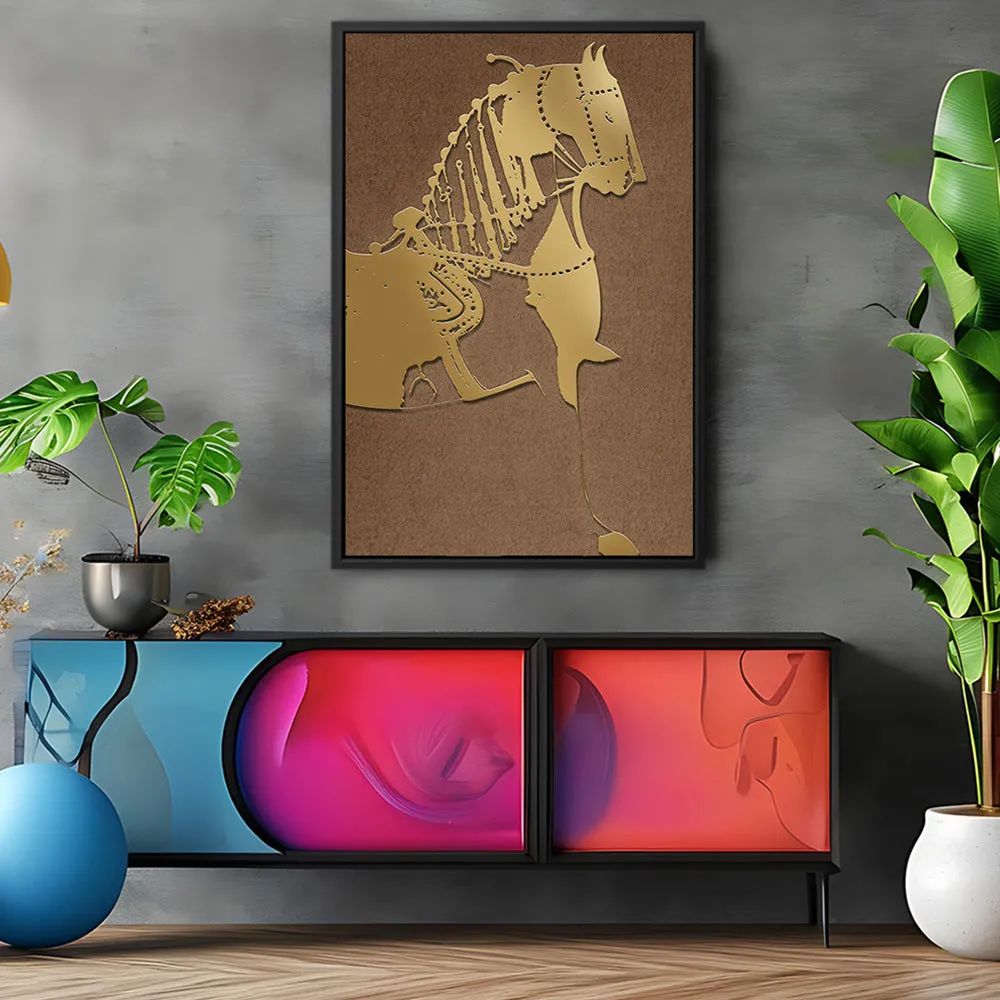 Canvas Wall Art Stretched Over Wooden Frame with Floating Frame and Golden Horse Painting CV4176