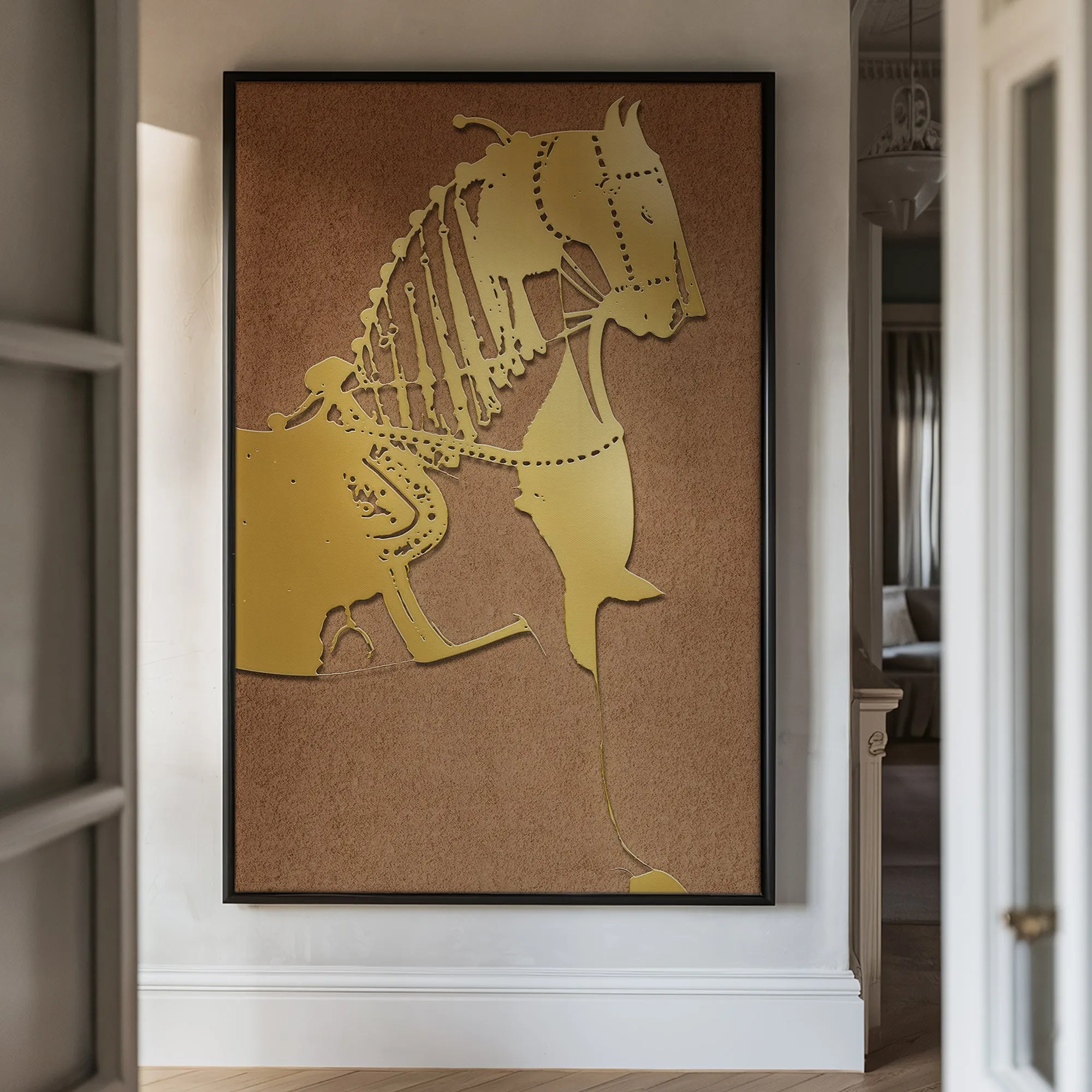 Canvas Wall Art Stretched Over Wooden Frame with Floating Frame and Golden Horse Painting CV4176