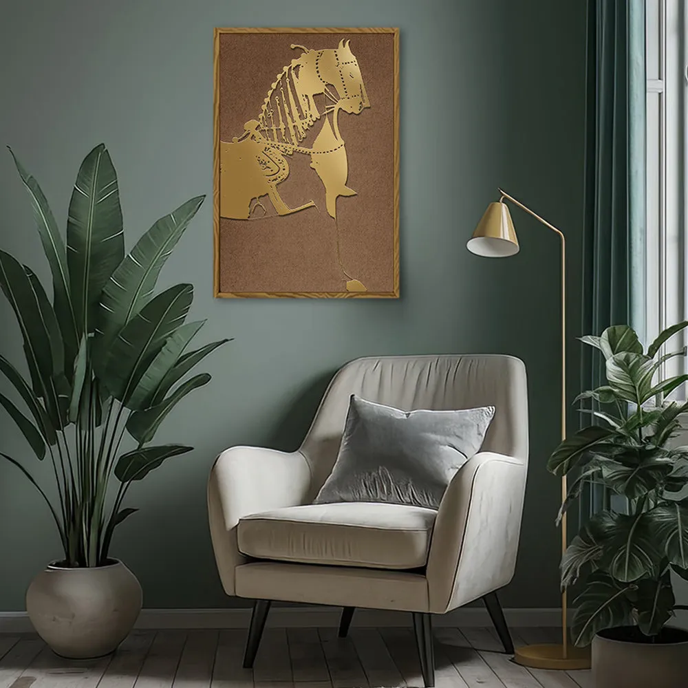 Canvas Wall Art Stretched Over Wooden Frame with Floating Frame and Golden Horse Painting CV4176