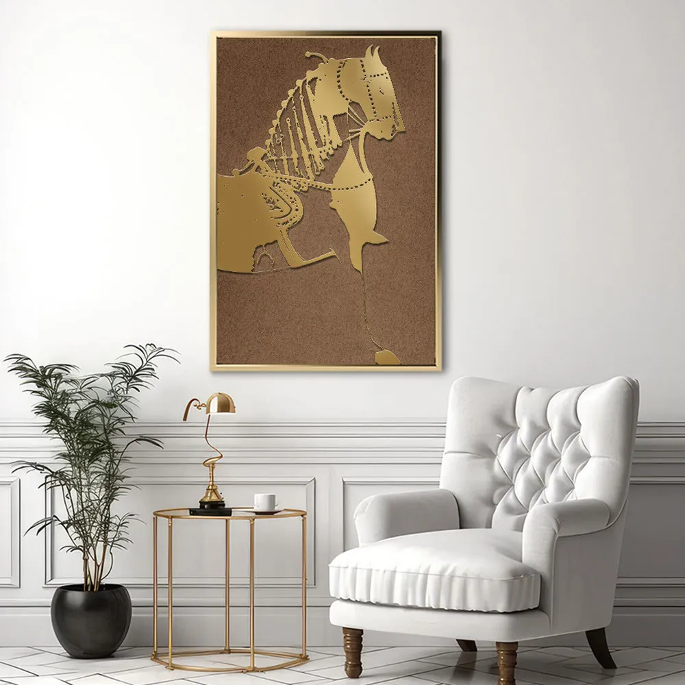 Canvas Wall Art Stretched Over Wooden Frame with Floating Frame and Golden Horse Painting CV4176