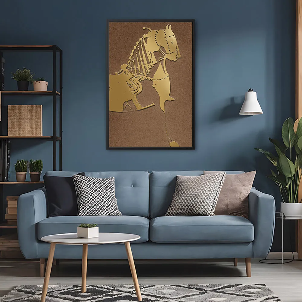 Canvas Wall Art Stretched Over Wooden Frame with Floating Frame and Golden Horse Painting CV4176