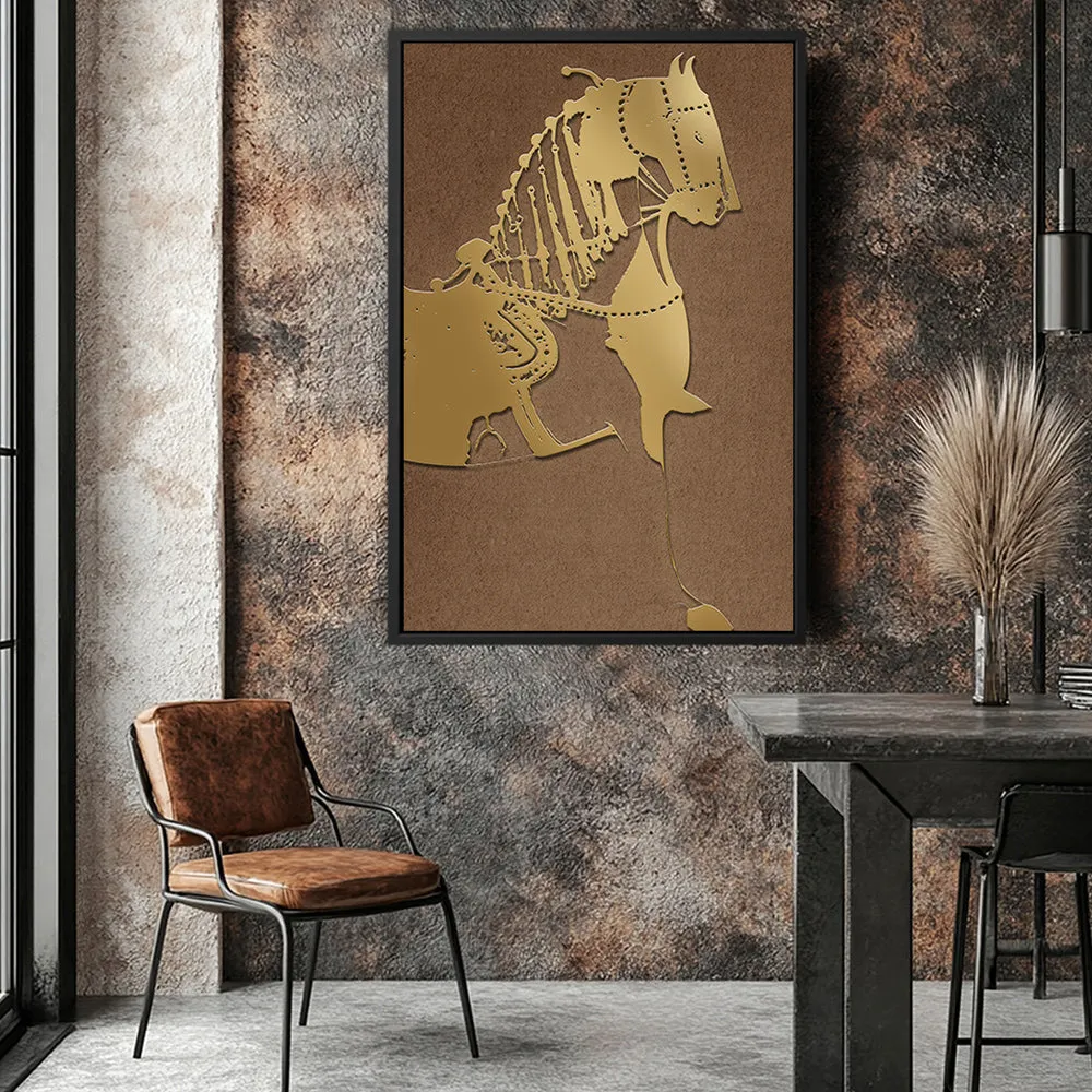 Canvas Wall Art Stretched Over Wooden Frame with Floating Frame and Golden Horse Painting CV4176