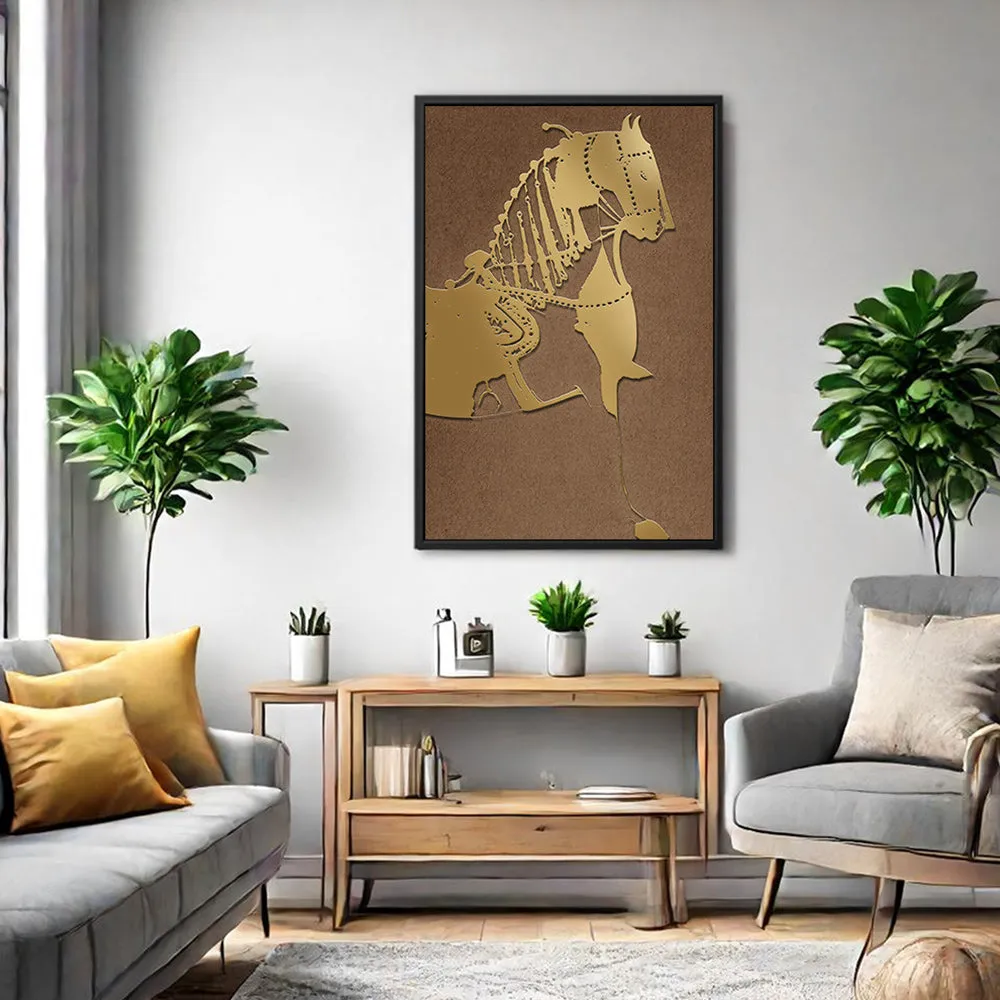 Canvas Wall Art Stretched Over Wooden Frame with Floating Frame and Golden Horse Painting CV4176