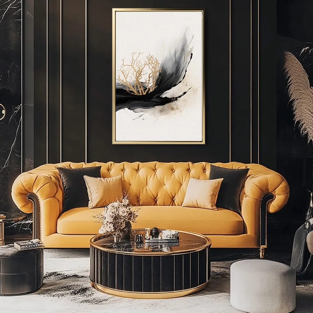 Canvas Wall Art Stretched Over Wooden Frame with Floating Frame and Golden Plant Painting CV4178