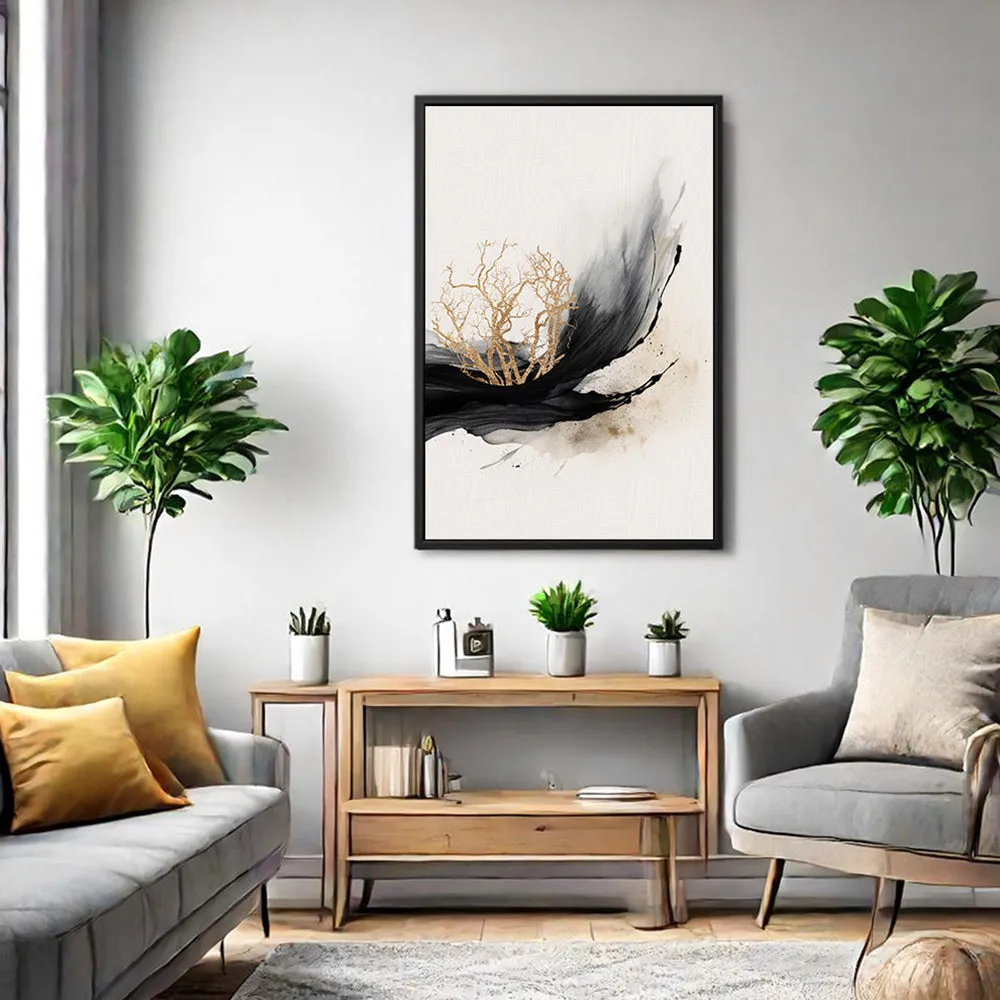 Canvas Wall Art Stretched Over Wooden Frame with Floating Frame and Golden Plant Painting CV4178