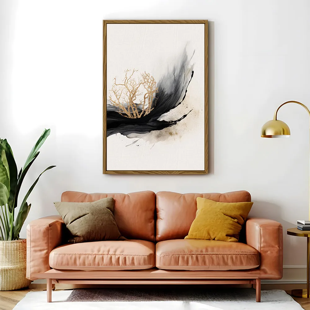 Canvas Wall Art Stretched Over Wooden Frame with Floating Frame and Golden Plant Painting CV4178