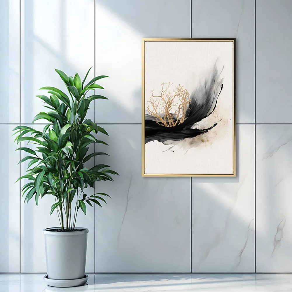 Canvas Wall Art Stretched Over Wooden Frame with Floating Frame and Golden Plant Painting CV4178