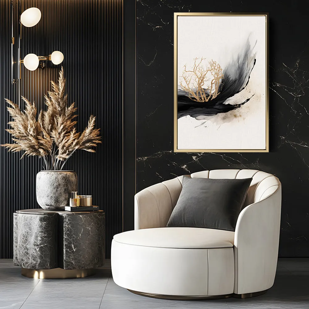 Canvas Wall Art Stretched Over Wooden Frame with Floating Frame and Golden Plant Painting CV4178