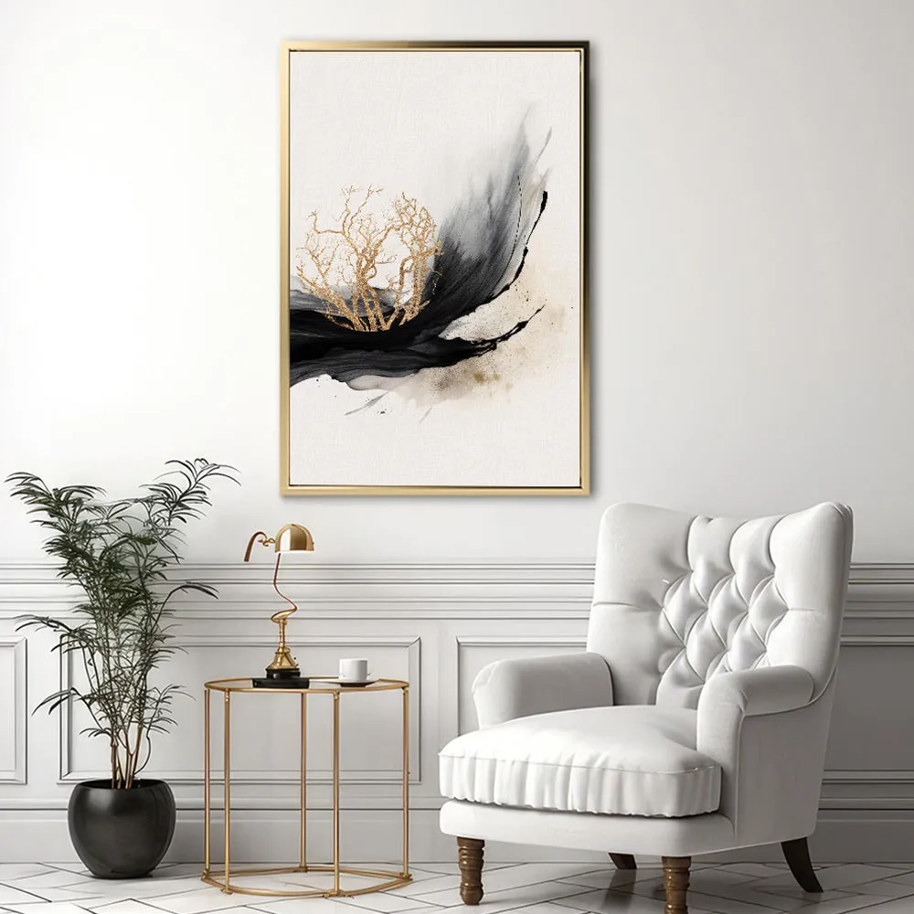 Canvas Wall Art Stretched Over Wooden Frame with Floating Frame and Golden Plant Painting CV4178
