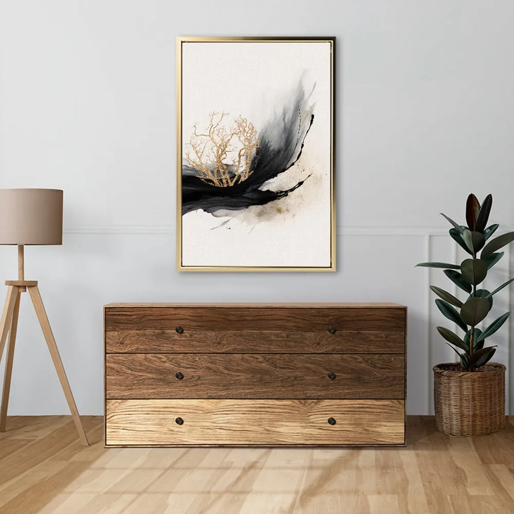 Canvas Wall Art Stretched Over Wooden Frame with Floating Frame and Golden Plant Painting CV4178