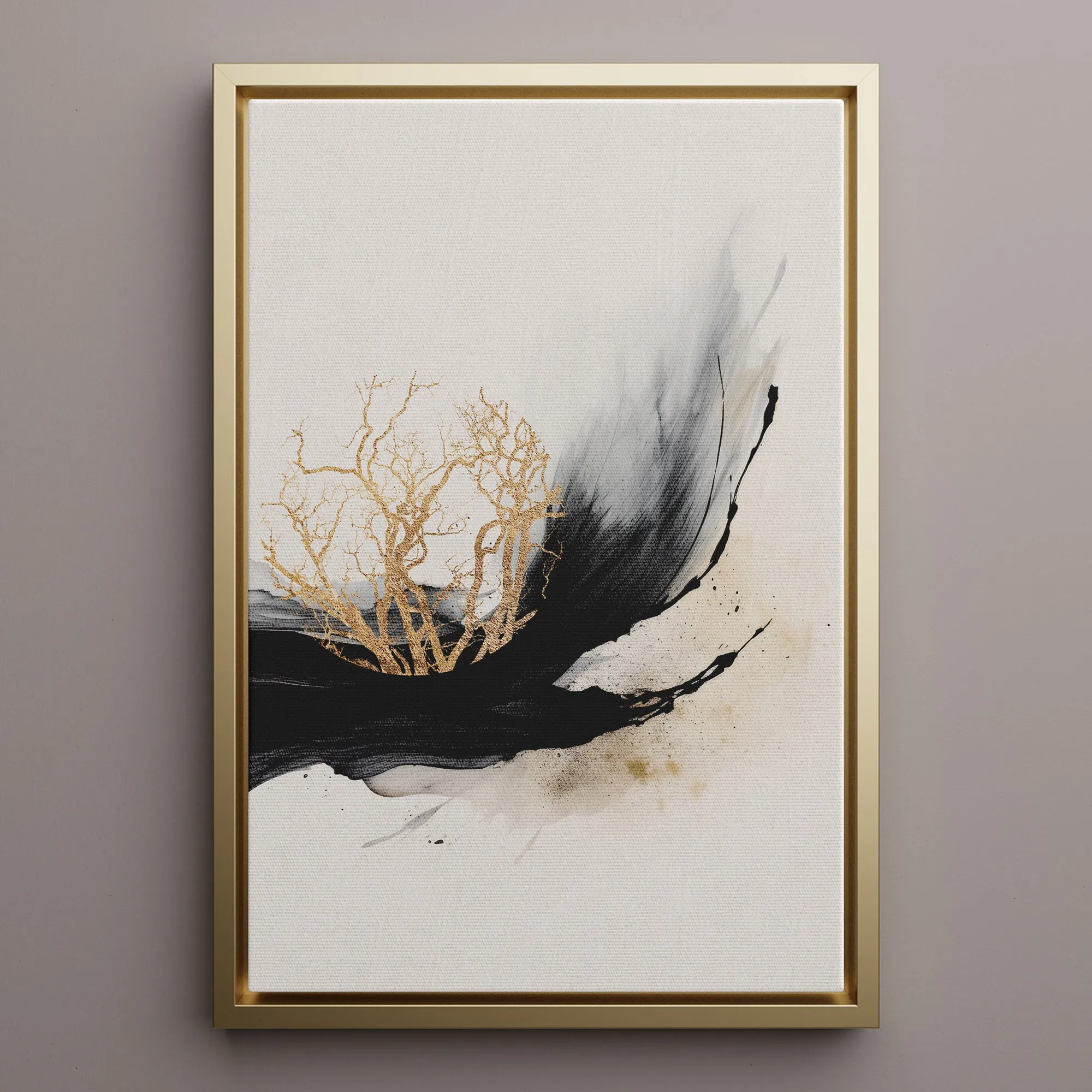 Canvas Wall Art Stretched Over Wooden Frame with Floating Frame and Golden Plant Painting CV4178