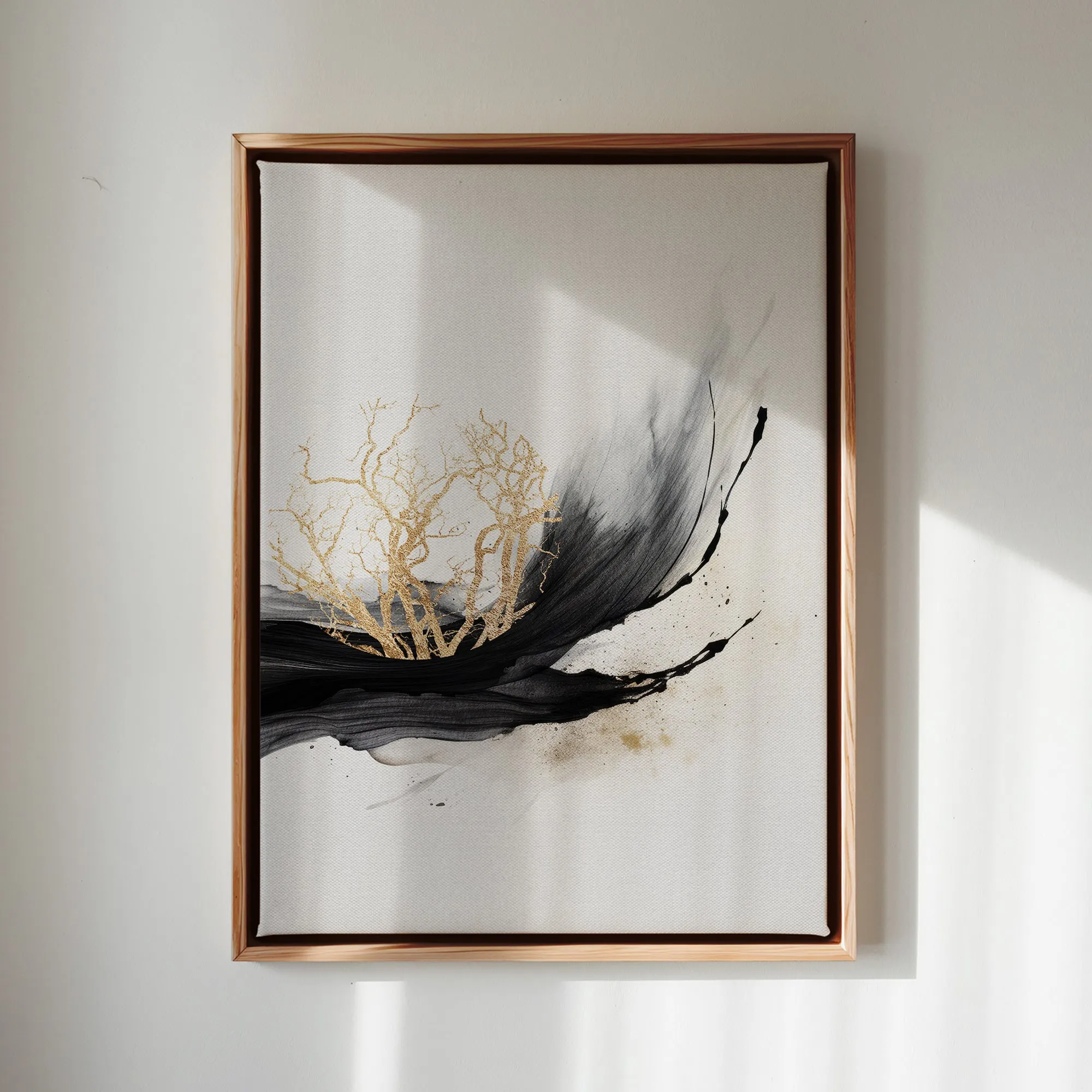 Canvas Wall Art Stretched Over Wooden Frame with Floating Frame and Golden Plant Painting CV4178