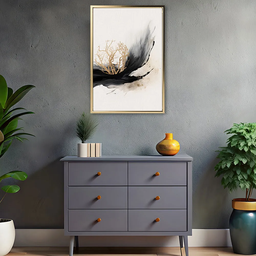 Canvas Wall Art Stretched Over Wooden Frame with Floating Frame and Golden Plant Painting CV4178