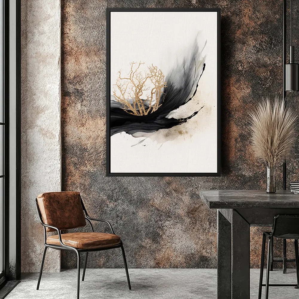 Canvas Wall Art Stretched Over Wooden Frame with Floating Frame and Golden Plant Painting CV4178