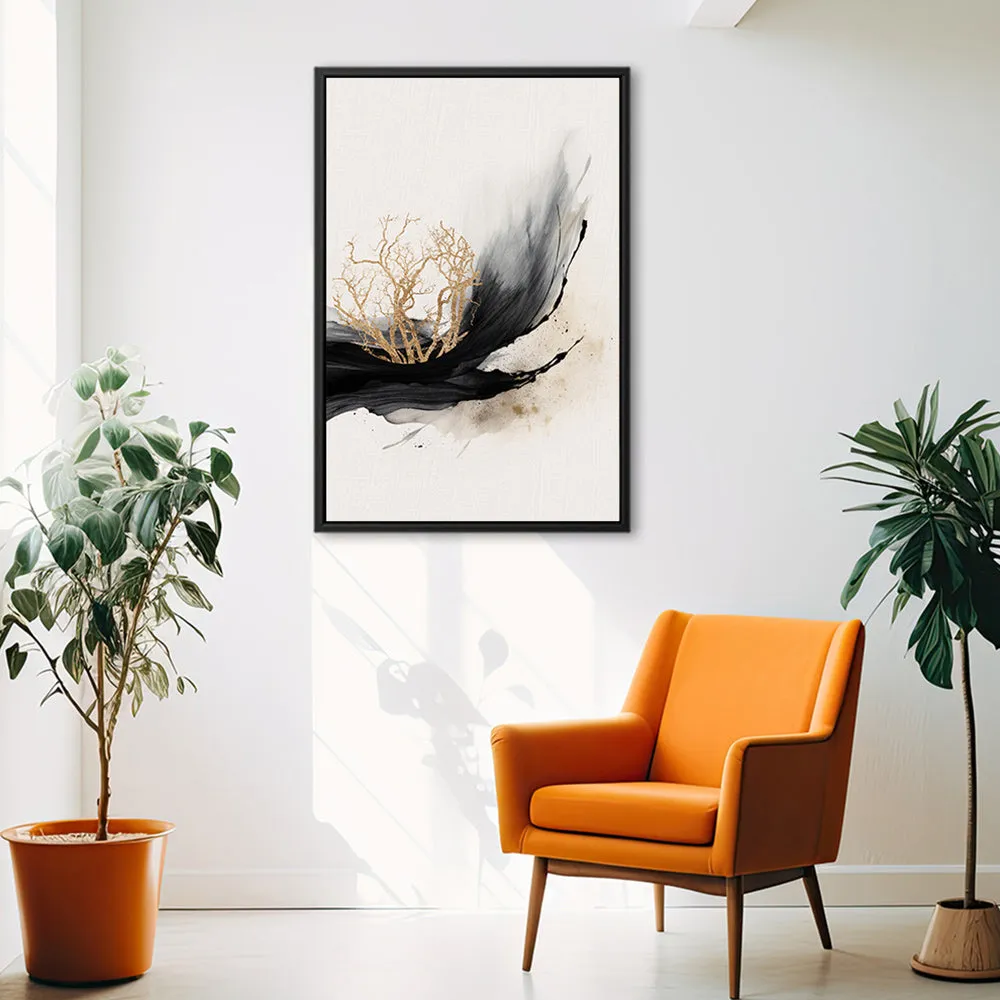 Canvas Wall Art Stretched Over Wooden Frame with Floating Frame and Golden Plant Painting CV4178