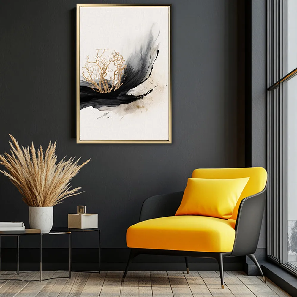 Canvas Wall Art Stretched Over Wooden Frame with Floating Frame and Golden Plant Painting CV4178
