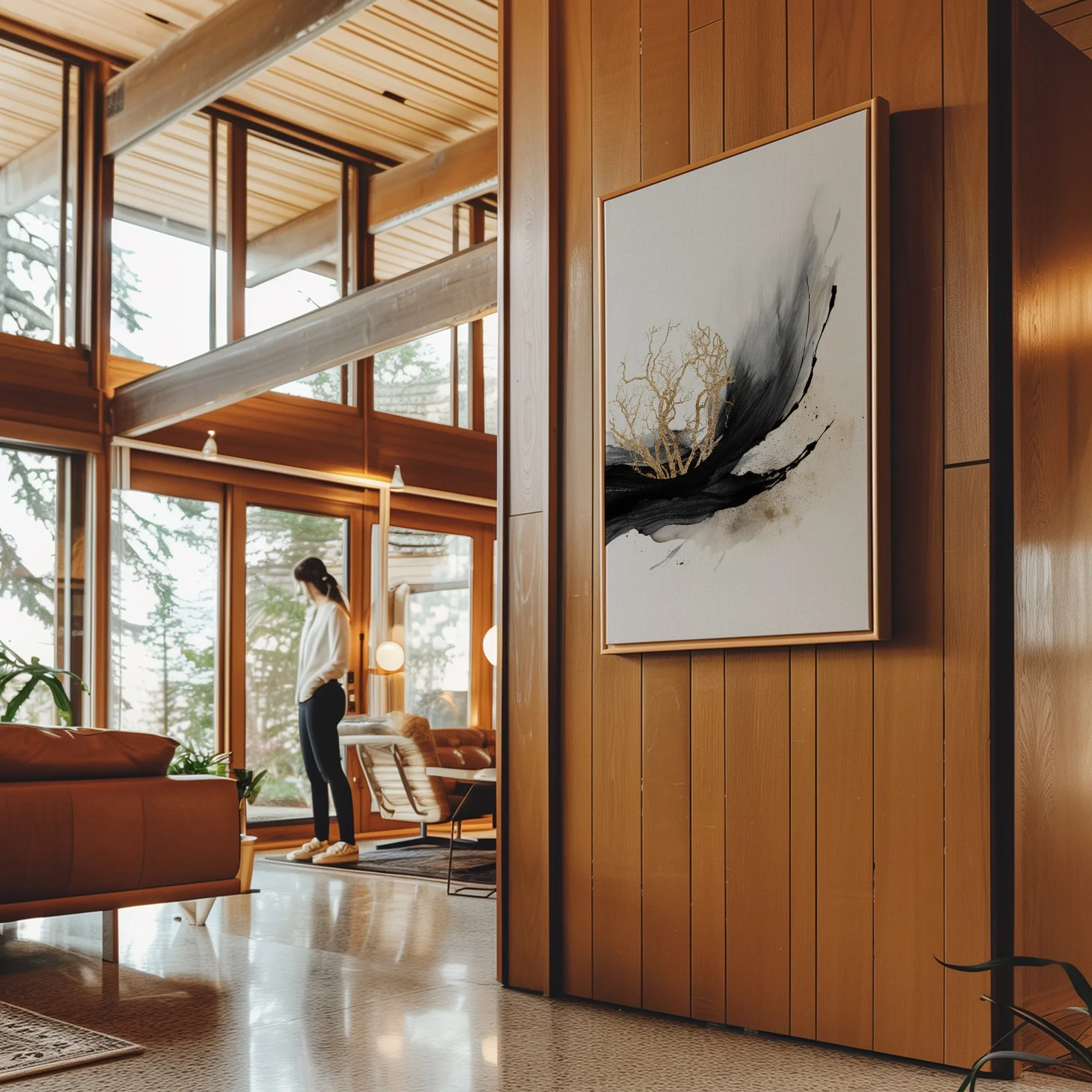 Canvas Wall Art Stretched Over Wooden Frame with Floating Frame and Golden Plant Painting CV4178