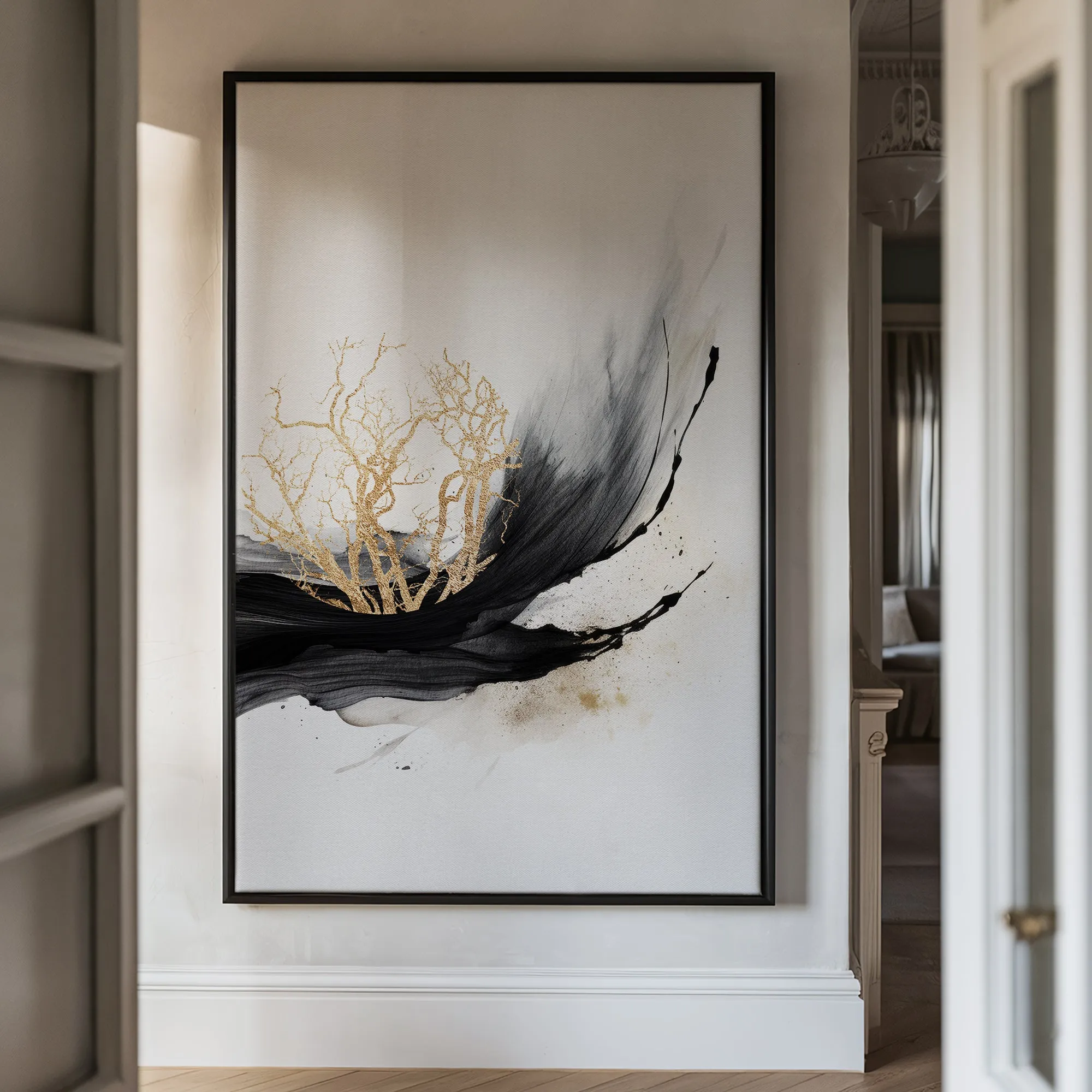 Canvas Wall Art Stretched Over Wooden Frame with Floating Frame and Golden Plant Painting CV4178