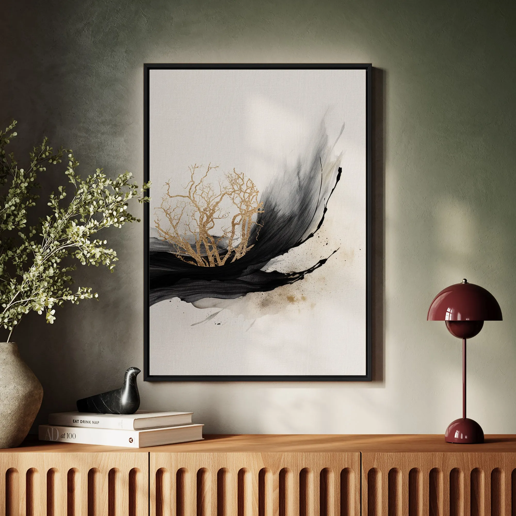Canvas Wall Art Stretched Over Wooden Frame with Floating Frame and Golden Plant Painting CV4178