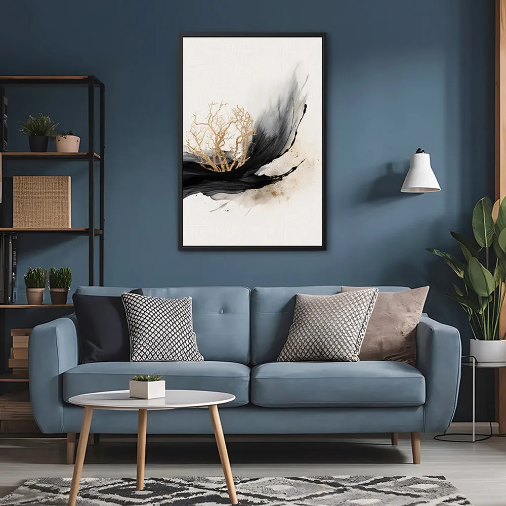 Canvas Wall Art Stretched Over Wooden Frame with Floating Frame and Golden Plant Painting CV4178