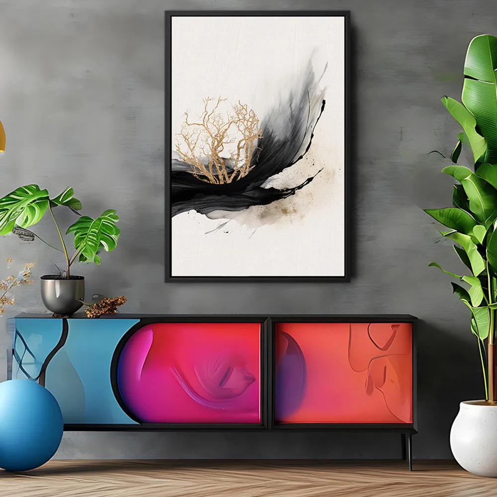 Canvas Wall Art Stretched Over Wooden Frame with Floating Frame and Golden Plant Painting CV4178