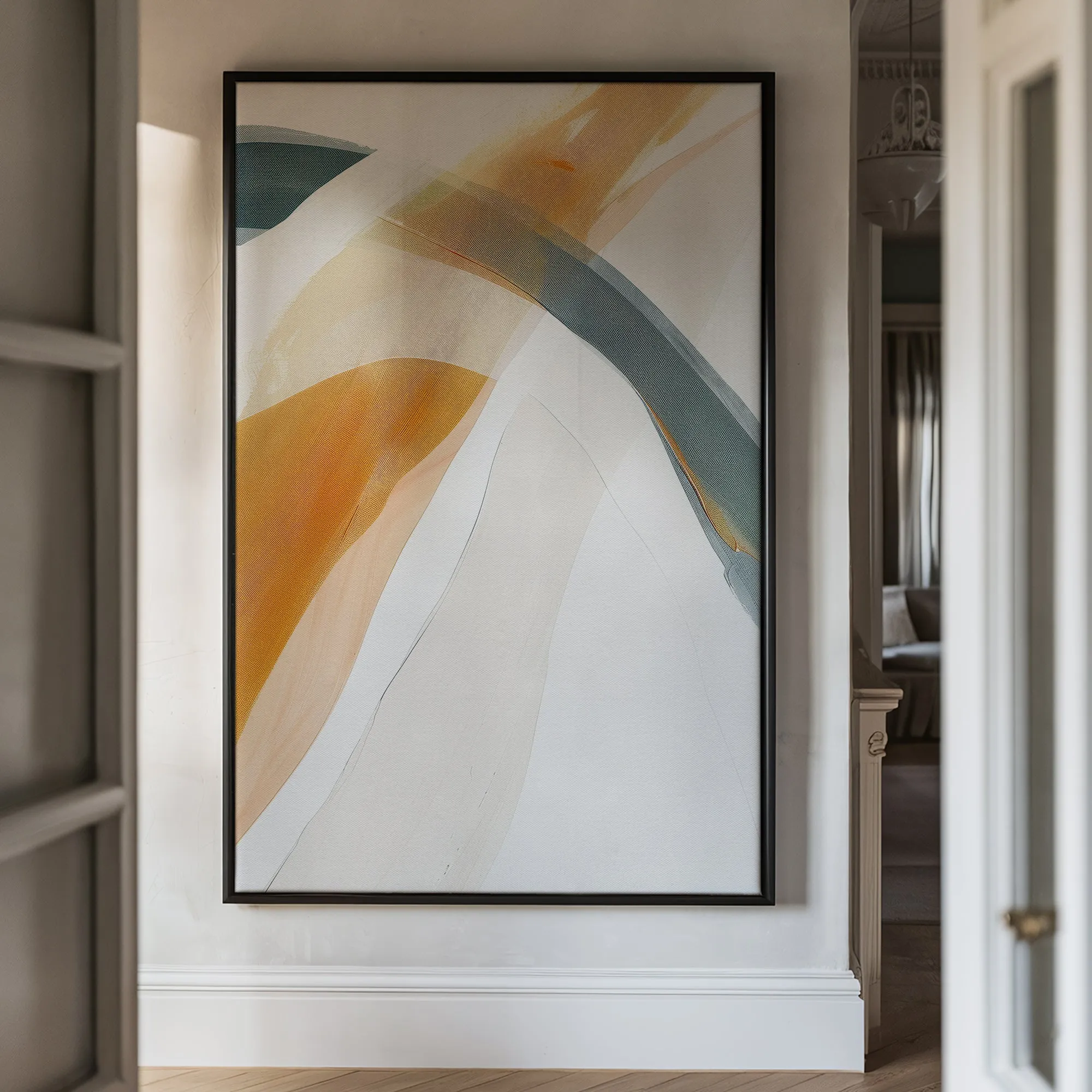 Canvas Wall Art Stretched Over Wooden Frame with Floating Frame and Golden Wave Abstract Painting CV4180
