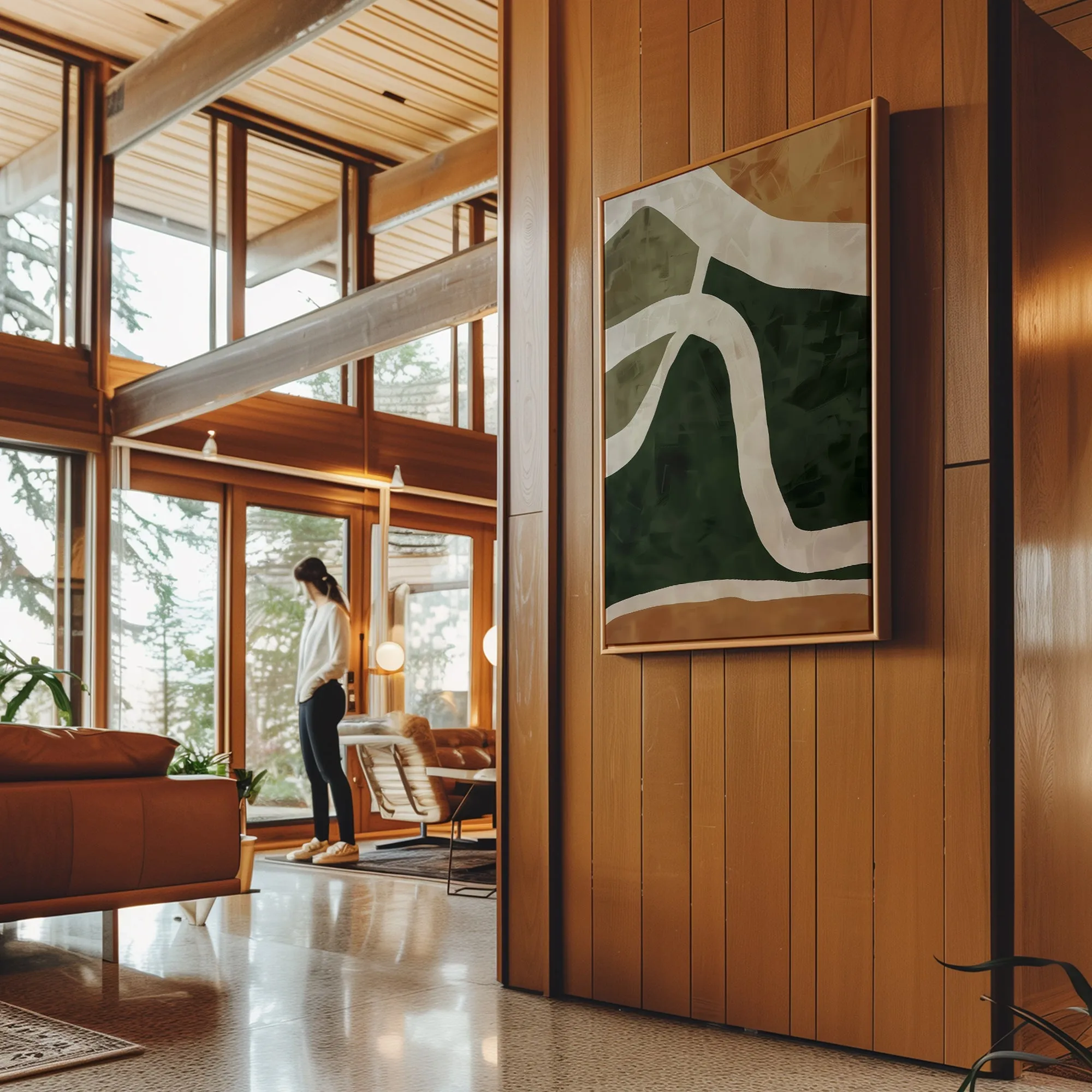 Canvas Wall Art Stretched Over Wooden Frame with Floating Frame and Green Road Abstract Painting CV4181
