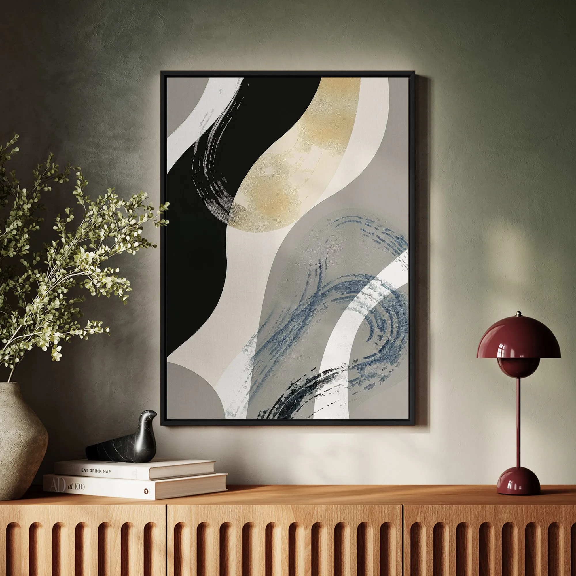 Canvas Wall Art Stretched Over Wooden Frame with Floating Frame and Grey Waves Abstract Painting CV4184
